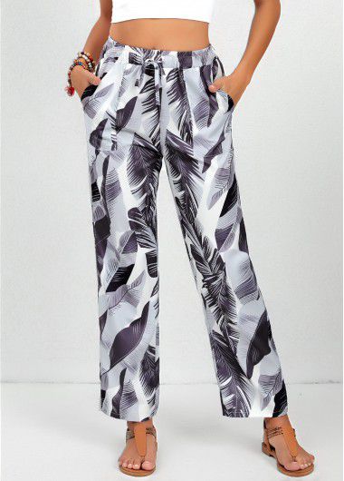 Modlily White Double Side Pockets Feathers Print Elastic Waist Pants - 2XL