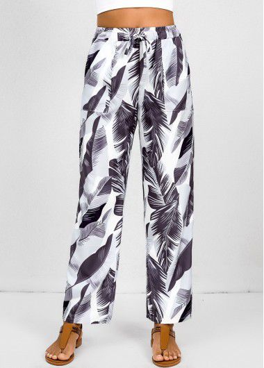 Modlily White Double Side Pockets Feathers Print Elastic Waist Pants - 2XL