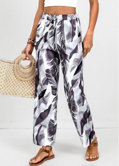 Modlily White Double Side Pockets Feathers Print Elastic Waist Pants - 2XL