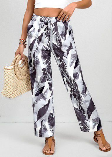 Modlily White Double Side Pockets Feathers Print Elastic Waist Pants - 2XL