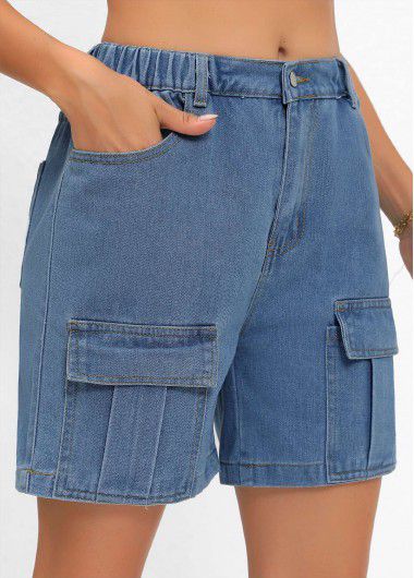 Modlily Denim Blue Double Side Pockets Button Fly Shorts - L