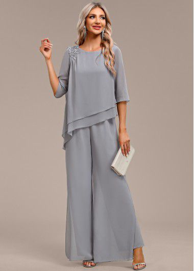 Modlily Grey Asymmetry Long Three Quarter Length Sleeve Jumpsuit - M