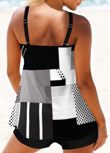 Modlily Black Geometric Print Double Straps Tankini Set - XXL