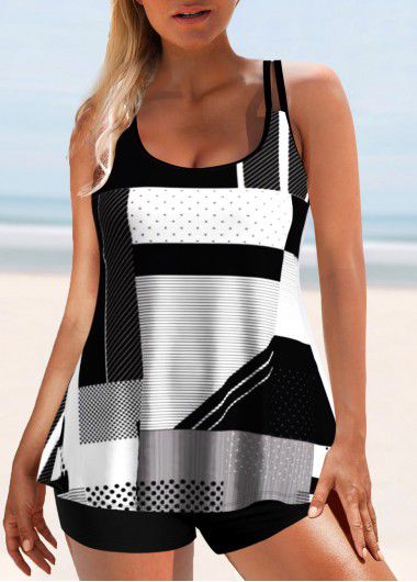 Modlily Black Geometric Print Double Straps Tankini Set - XXL
