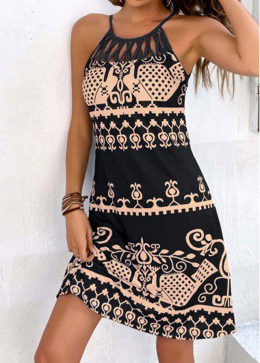 Modlily Black Cage Neck Tribal Print Dress - M