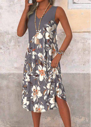 Modlily Dark Grey Patchwork Floral Print A Line Sleeveless Dress - S