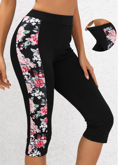 Modlily Black Floral Print High Waisted Capri Elastic Waist Leggings - L