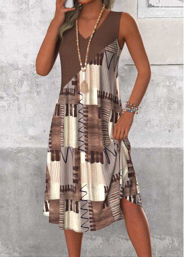 Modlily Gray Brown Patchwork Geometric Print A Line Sleeveless Dress - XL