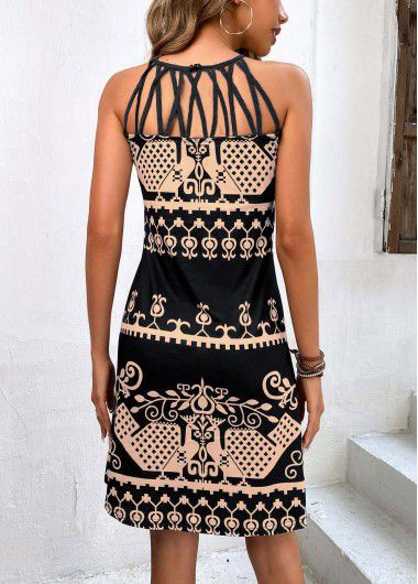 Modlily Black Cage Neck Tribal Print Dress - M