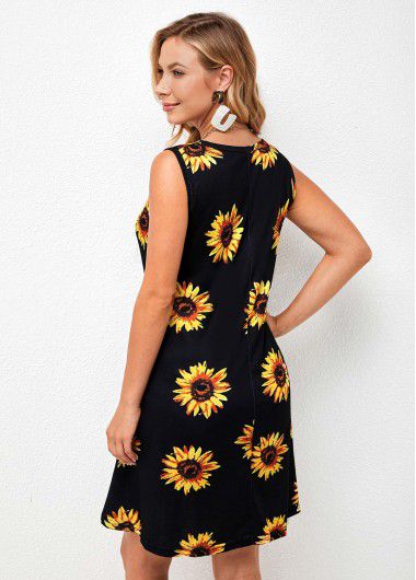 Modlily Sunflower Print Sleeveless Round Neck Dress - 3XL