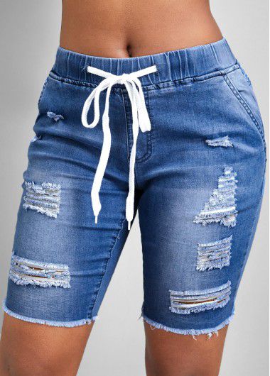 Modlily Blue Hole Skinny Elastic Waist Mid Waisted Denim Shorts - S