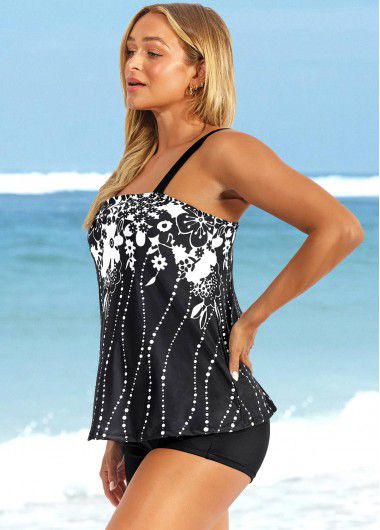 Modlily Floral Print Wide Strap Black Tankini Top - M