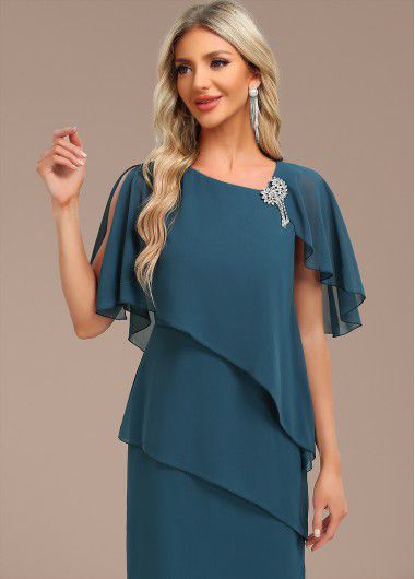 Modlily Peacock Blue Layered Cape Sleeve Asymmetrical Neck Shift Dress - M