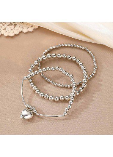 Modlily Silver Heart Alloy Beaded Bracelet Set - One Size
