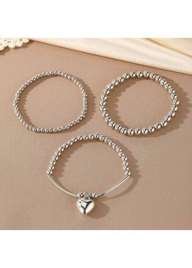 Modlily Silver Heart Alloy Beaded Bracelet Set - One Size