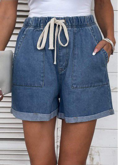 Modlily Pocket High Waisted Drawastring Denim Shorts - L