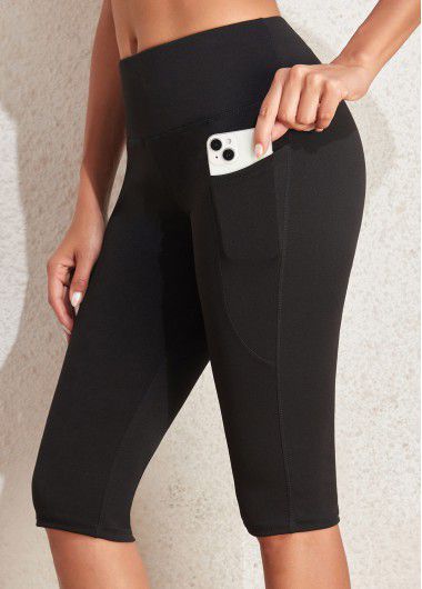 Modlily Black Mid Waisted Knee Length Elastic Waist Leggings - L