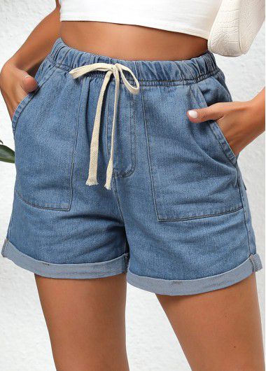 Modlily Denim Blue Double Side Pockets Regular Elastic Waist Shorts - XL