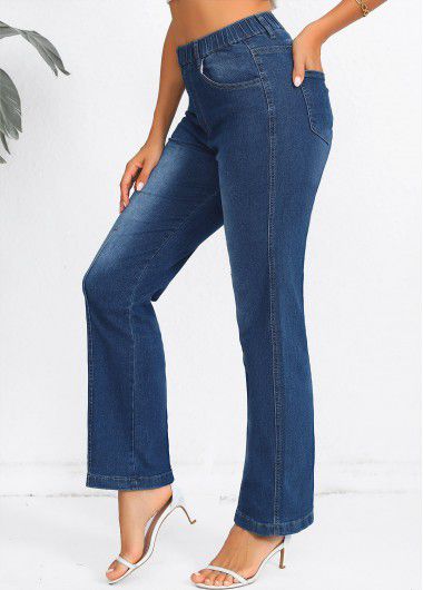 Modlily Elastic Waist Denim Blue High Waisted Jeans - 2XL