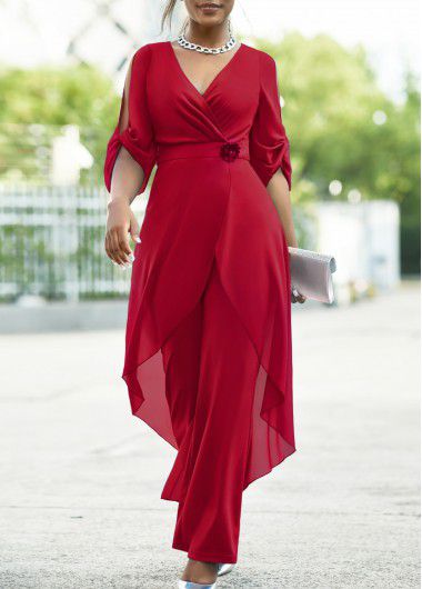 Modlily Flower Decoration Chiffon Wine Red Jumpsuit - L