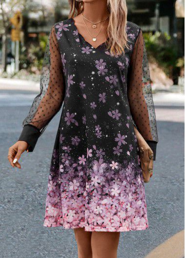 Modlily Black Mesh Floral Print A Line Dress - L