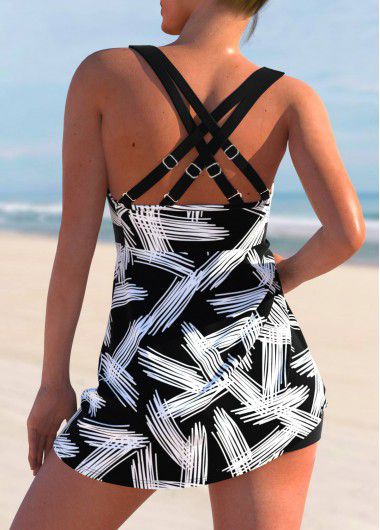 Modlily Cross Strap Printed Black Swimdress Top - M