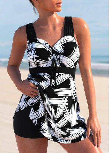 Modlily Cross Strap Printed Black Swimdress Top - M