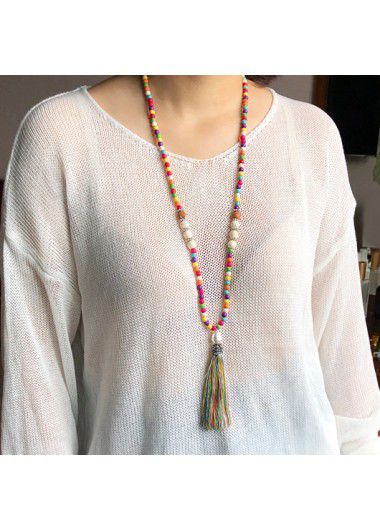 Modlily Multi Color Tassel Beaded Design Necklace - One Size