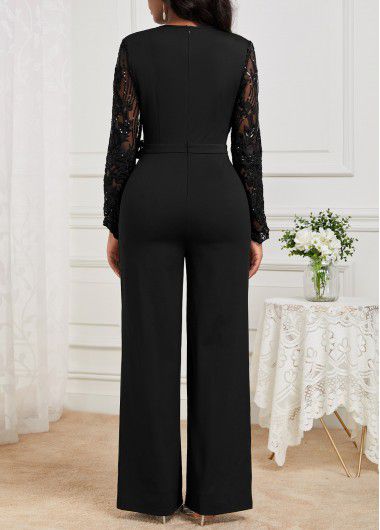 Modlily Black Lace Long Belted V Neck Jumpsuit - M