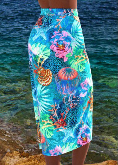 Modlily Bowknot Marine Life Print Cyan Cover Up - L