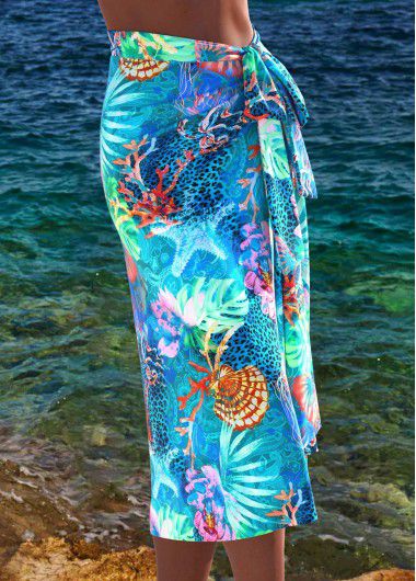 Modlily Bowknot Marine Life Print Cyan Cover Up - L