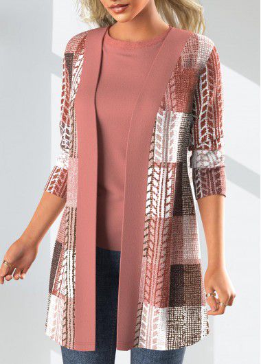 Modlily Pink Patchwork Geometric Print Long Sleeve Coat - L