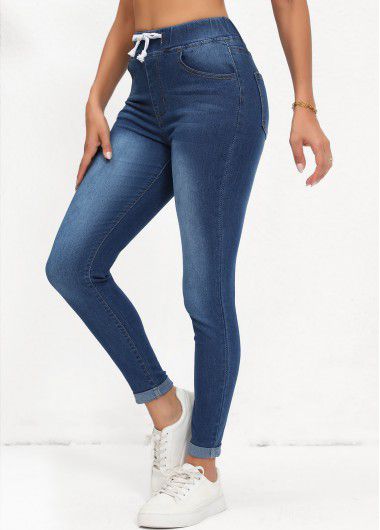 Modlily Denim Blue Pocket Skinny Elastic Waist High Waisted Jeans - L