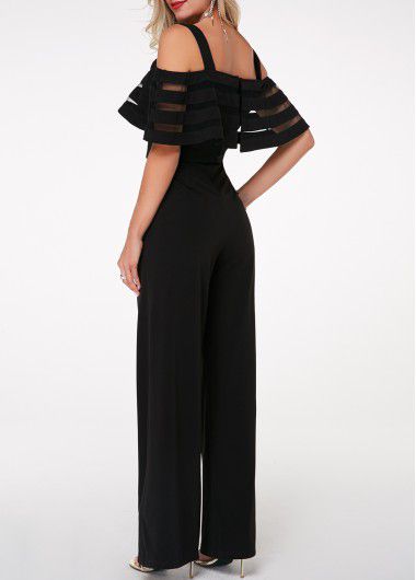 Modlily Black Jumpsuit Cold Shoulder Jumpsuit Strappy Jumpsuit Overlay Embellished Jumpsuit for Women - XL
