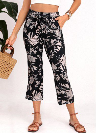 Modlily Black Floral Print Belted Regular Elastic Waist Pants - 2XL