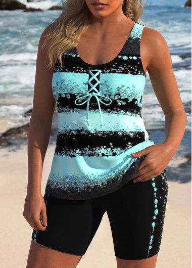 Modlily Lace Up Striped Mint Green Tankini Set - XXL