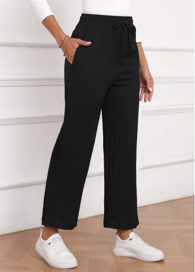 Modlily Black Textured Fabric Drawastring High Waisted Pants - S