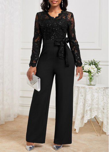 Modlily Black Lace Long Belted V Neck Jumpsuit - M
