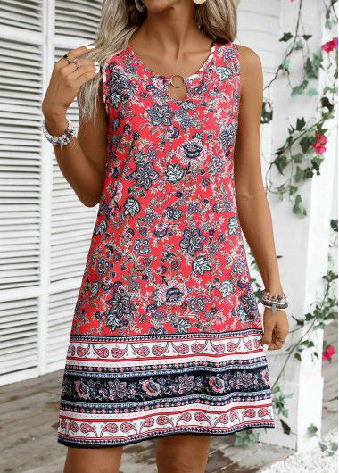 Modlily Coral Circular Ring Tribal Print Sleeveless Round Neck Dress - XXL