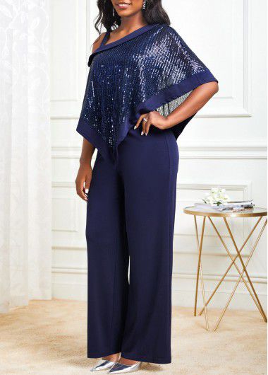 Modlily Navy Sequin Cold Shoulder Asymmetric Hem Jumpsuit - XL