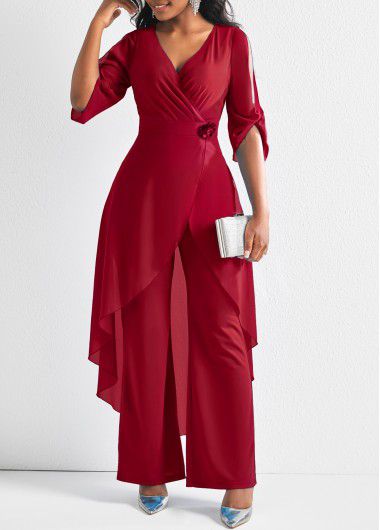 Modlily Flower Decoration Chiffon Wine Red Jumpsuit - M