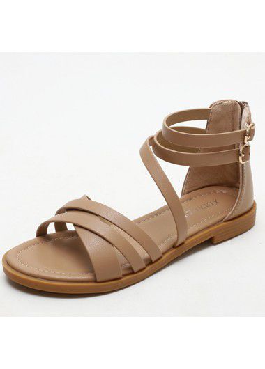 Modlily Dark Camel Open Toe Falt PU Leather Scandals - 41