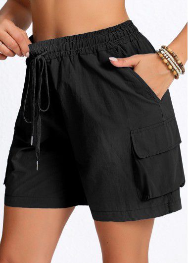 Modlily Black Pocket Elastic Waist High Waisted Shorts - L