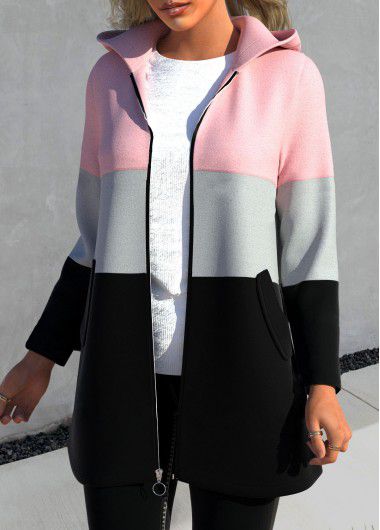 Modlily Pink Zipper Contrast Color Long Sleeve Hooded Jacket - XXL