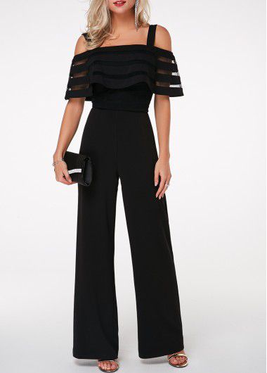 Modlily Black Jumpsuit Cold Shoulder Jumpsuit Strappy Jumpsuit Overlay Embellished Jumpsuit for Women - XL