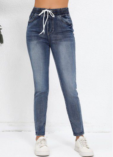 Modlily Denim Blue Pocket Regular Elastic Waist High Waisted Jeans - L