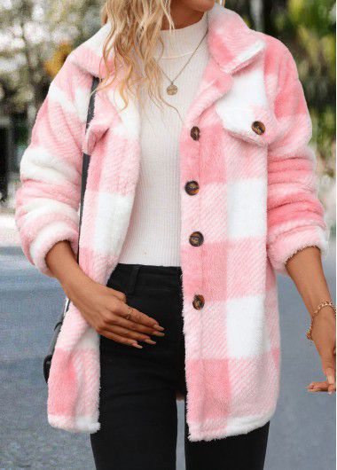 Modlily Light Pink Button Plaid Long Sleeve Coat - M