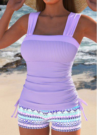 Modlily Drawstring Geometric Print Light Purple Tankini Set - XL