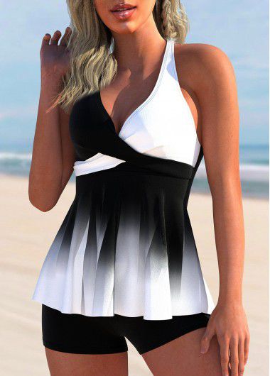 Modlily Color Block Ombre Cross Front Tankini Set - M