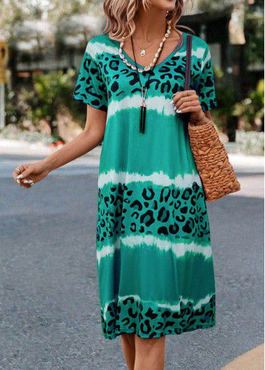 Modlily Green Leopard H Shape Short Sleeve Dress - L